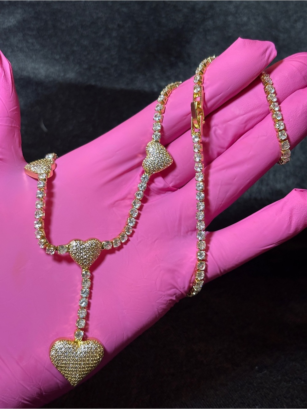 3.2mm Yellow Gold Pave’ Heart CZ Tennis Necklace 18in.